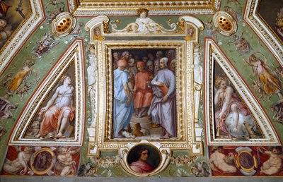 (Detail) des Raumes von Cosimo de Medici, der sich selbst mit Künstlern und Intellektuellen darstellt (Fresko) von Giorgio Vasari