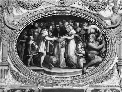 Papst Clemens VII. (1478-1534) verheiratet Catherine de Medici (1519-1589) und Henri II. von Frankreich (1519-59) am 28. Oktober 1533, aus der Sala di Clemente VII von Giorgio Vasari