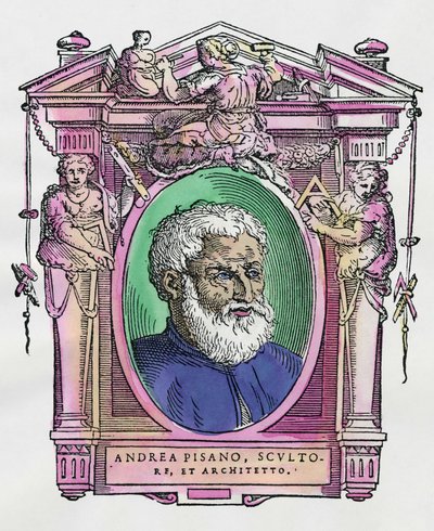 Porträt von Andrea Pisano (1290-1349) italienischer Bildhauer und Architekt. Gravur aus dem Werk "Lebensläufe der ausgezeichnetsten Maler, Bildhauer und Architekten" (Le Vite de