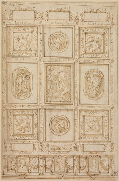 Studie für eine Deckendekoration, mit Rebekka und Eliezer am Brunnen (recto); Studie für eine Deckendekoration (verso) von Giorgio Vasari
