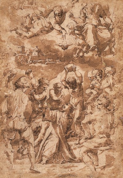 Die Steinigung des Heiligen Stephanus, mit der Dreifaltigkeit darüber von Giorgio Vasari