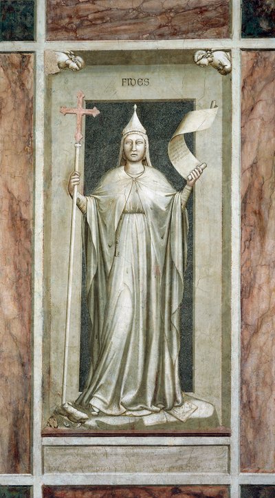 Glaube, weibliche Figur mit Kreuz und Schriftrolle, Symbol der Offenbarten Wahrheit, zerstört ein Idol und steht auf Symbolen der Kabbala, von Giotto, Zyklus der Fresken Die Laster und Tugenden, nach der Restaurierung, Scrovegni-Kapelle, Padua, Venetien, I von Giotto (c.1266 1337)