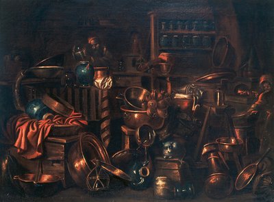 Alchemistenlabor, Gemälde von Gian Domenico Valentino (1630-1708), Italien von Giovan Domenico Valentino