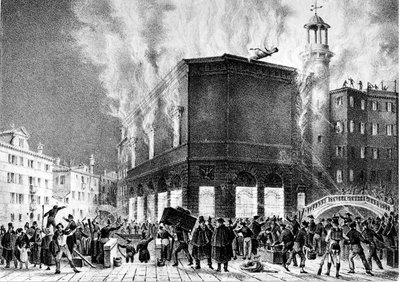 Der Brand des Theaters La Fenice in Venedig im Jahr 1836. Gravur von Giovanni Pividor. Mailand, Konservatorium G. Verdi von Giovanni (after) Pividor