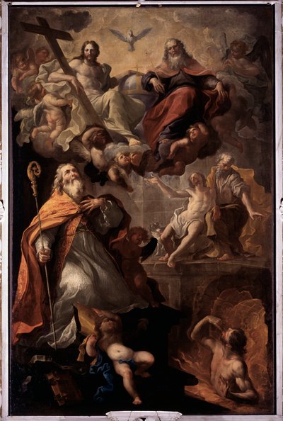 Darstellung des Heiligen Nikolaus von Bari und der Heiligen Dreifaltigkeit: Gott, Jesus Christus und die Taube des Heiligen Geistes. Gemälde von Andrea Carlone (1639-1697) Kirche Santa Margherita, Santa Margherita Ligure, Italien von Giovanni Andrea Carlone