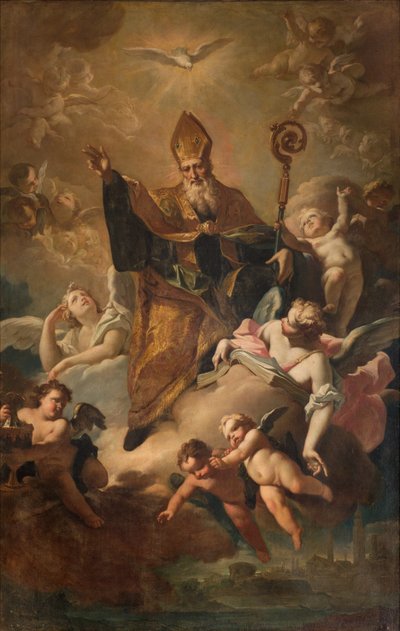Südliches Querschiff, Altar von San Benedetto, Heiliger Benedikt in Gloria beim Segnen der Stadt, Altarbild von Giovanni Angelo Borroni, San Benedetto in Gloria beim Segnen der Stadt 1744 von Giovanni Angelo Borroni