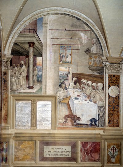 Benedikt erhält Mehl im Überfluss und ernährt die Mönche (Fresko von Antonio Bazzi, genannt il Sodoma, 1503 - 1508, Abtei von Monte Oliveto) von Giovanni Antonio Bazzi Sodoma