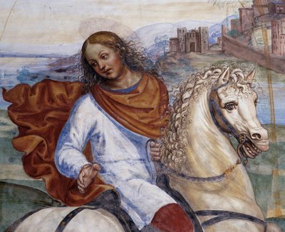 Benedikt verließ das Haus seines Vaters und ging nach Rom, um zu studieren (Detail). Kreuzgangfresko von Antonio Bazzi, genannt Il Sodoma (1477 - 1549), das das Leben des Heiligen Benedikt von Nursia (480 - 567), Gründer des Benediktinerordens, erzählt. 15 von Giovanni Antonio Bazzi Sodoma