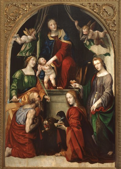 Madonna mit Kind und Engeln unter den Heiligen Hieronymus, Katharina von Alexandria, Lucia und Johannes der Evangelist von Giovanni Antonio Bazzi Sodoma