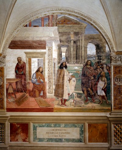 Heiliger Benedikt repariert ein zerbrochenes Sieb (Selbstporträt des Künstlers in der Mitte des Bildes) von Giovanni Antonio Bazzi Sodoma