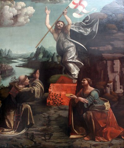 Die Auferstehung Christi mit dem heiligen Leonard von Noblac und Lucia von Giovanni Antonio Boltraffio