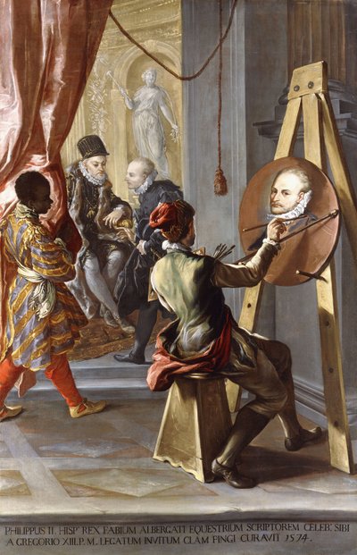 Fabio Albergati wird von Philipp II. von Spanien empfangen, während ein Künstler heimlich sein Porträt auf Anweisung des Königs anfertigt von Giovanni Antonio Burrini or Burino