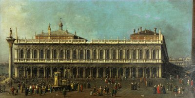 Die Bibliothek und die Piazzetta, Venedig, Blick nach Westen mit zahlreichen Figuren und einer Puppenshow, ca. 1740 von Giovanni Antonio Canal