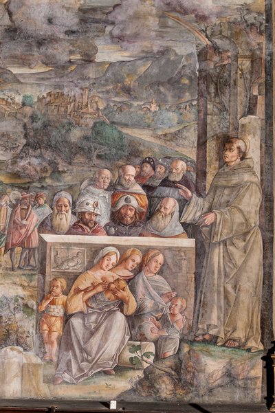 St. Antonius kommt in Padua an, wo er Frieden zwischen den Bürgern mit der Kraft und Süße seiner Predigt wiederherstellt (Detail) von Giovanni Antonio Corona