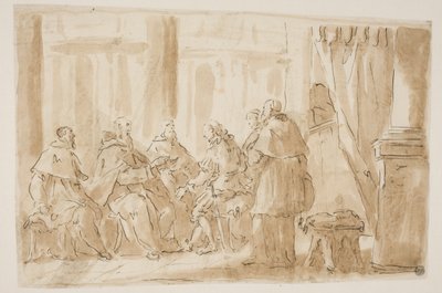 Eine Gruppe von fünf Geistlichen spricht mit einem Laien von Giovanni Antonio Pellegrini