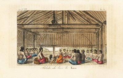 König Polaho trinkt Kava in einem Langhaus, Tonga (Freundliche Inseln). Handkolorierter Kupferstich von Sasso nach John Webber aus Giulio Ferrarios Alte und moderne Kostüme aller Völker der Welt, Florenz, Italien von Giovanni Antonio Sasso