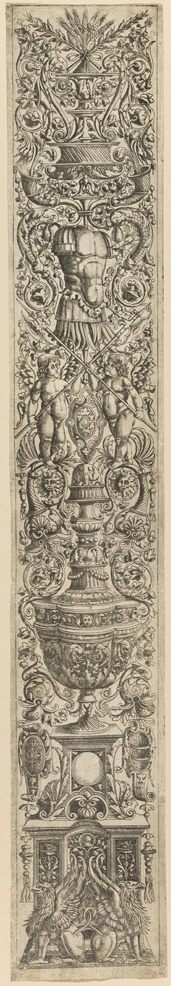 Greifen und zwei Cupidos, die Hellebarden kreuzen, Platte fünf von Zwölf Ornamenttafeln von Giovanni Antonio da Brescia