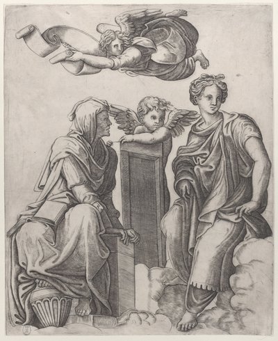 Zwei weibliche Figuren, die in den Wolken sitzen, flankieren einen Engel und einen weiteren, der darüber fliegt von Giovanni Antonio da Brescia
