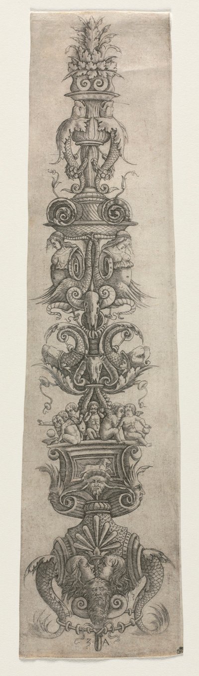 Aufrechte Arabeske mit Masken, Cupidos und Nereiden von Giovanni Antonio da Brescia