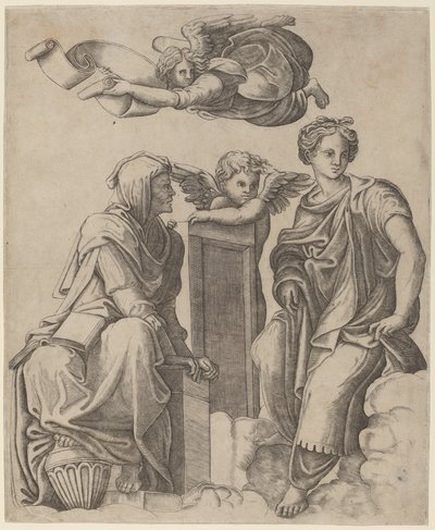 Zwei Sibyllen und ein Engel von Giovanni Antonio da Brescia after Raphael