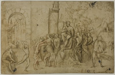 Akrobaten, die vor einem Herrscher auftreten (recto); Außenszene mit einer Gruppe von Figuren (verso) von Giovanni Antonio da Pordenone