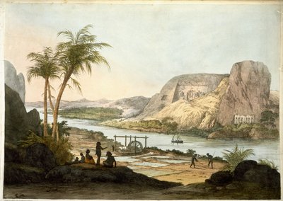 Außenansicht der beiden Tempel von Abu Simbul, aus Platten zur Veranschaulichung der Forschungen in Ägypten und Nubien, veröffentlicht 1822 von Giovanni Battista Belzoni
