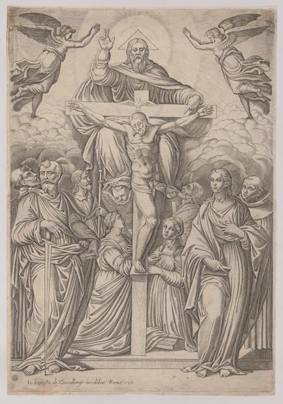 Die Dreifaltigkeit, mit der Kreuzigung in der Mitte und Heiligen zu beiden Seiten, 1586 von Giovanni Battista Cavalieri
