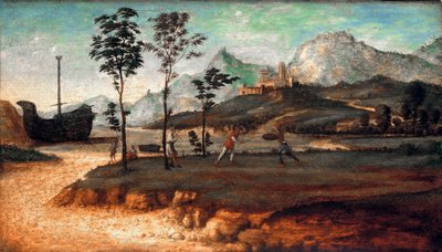 Küstenlandschaft mit zwei Männern, die ein Duell ausfechten von Giovanni Battista Cima da Conegliano