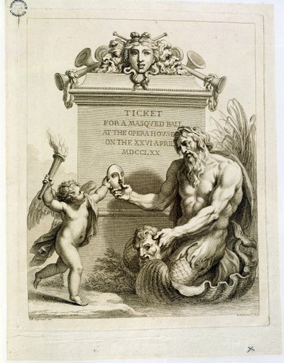 Eintrittskarte für einen Maskenball im Opernhaus am 26. April, graviert von Francesco Bartolozzi, 1770 von Giovanni Battista Cipriani