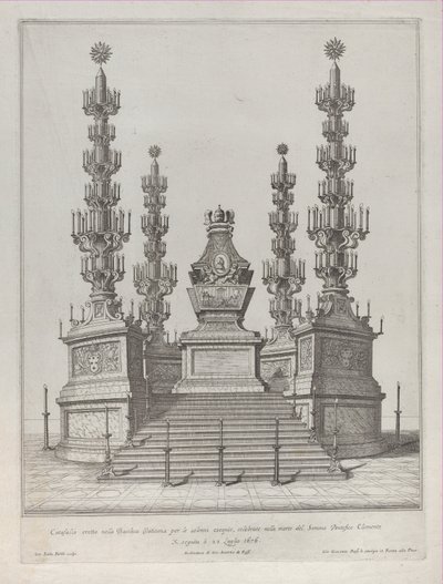 Katafalk für Papst Clemens X.: eine zentrale Struktur auf einer 15-stufigen Plattform, 1676 von Giovanni Battista Falda