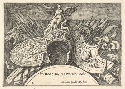 Trophäen römischer Waffen von Dekorationen über den Fenstern im zweiten Stock von Giovanni Battista Galestruzzi