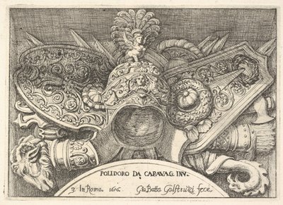 Platte 3: Trophäen römischer Waffen aus Dekorationen über den Fenstern im zweiten Stock ..., 1656 von Giovanni Battista Galestruzzi