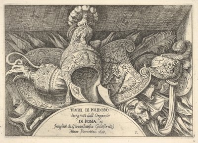 Trophäen römischer Waffen von Dekorationen über den Fenstern im zweiten Stock, 1658 von Giovanni Battista Galestruzzi
