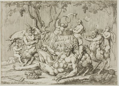 Silenus liegend mit Ziegen und Satyrn von Giovanni Battista Galestruzzi