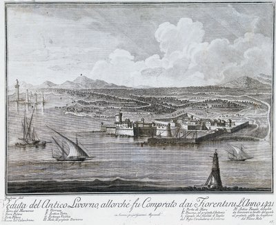 Ansicht des Hafens von Livorno, als er 1421 von den Florentinern gekauft wurde, Gravur aus der Sammlung der besten Ansichten der Stadt und des Hafens von Livorno von Giovanni Battista Guerazzi