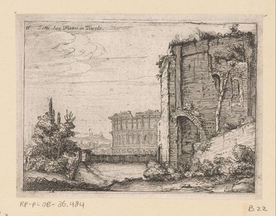 Ruinen eines antiken Bauwerks und das Kolosseum in Rom von Giovanni Battista Mercati