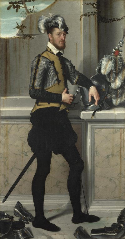 Ein Ritter mit seinem Turnierhelm Il Cavaliere dal Piede Ferito, Conte Faustino Avogadro, um 1554 von Giovanni Battista Moroni
