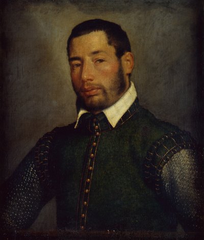 Porträt eines Gentlemans in einem grünen Wams und Kettenhemd, um 1565 von Giovanni Battista Moroni