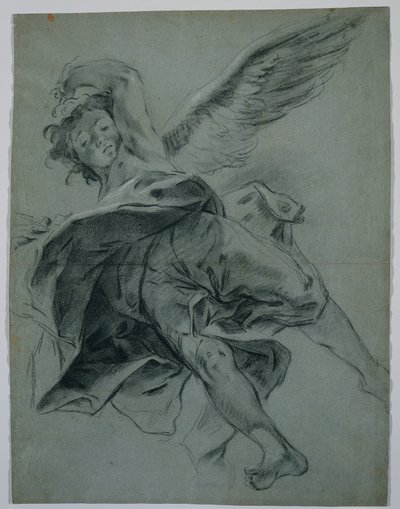 Ein fliegender Engel recto, Studien von Händen, die Instrumente spielen verso, 1723-1727 von Giovanni Battista Piazzetta