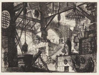 Ein vergittertes und rustiziertes Fenster ist in der Mitte einer Treppe mit Gruppen von schweren Ketten auf der rechten Seite angebracht von Giovanni Battista Piranesi