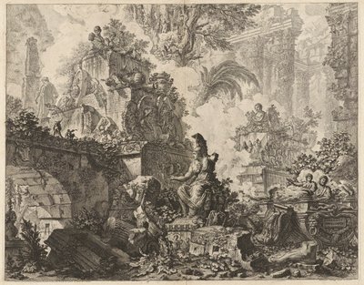 Frontispiz, Fantasie von Ruinen mit einer Statue der Minerva im Vordergrund, aus Vedute di Roma (Ansichten von Rom) von Giovanni Battista Piranesi