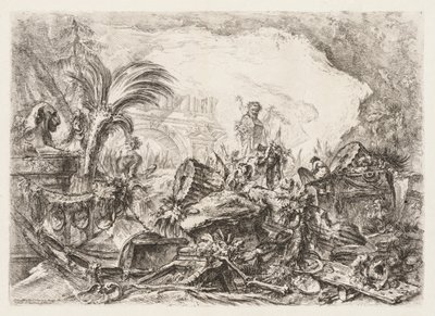 Groteschi: Ruinen mit einer Statue eines Fauns und einer gefallenen Säule, ca. 1745-50 von Giovanni Battista Piranesi