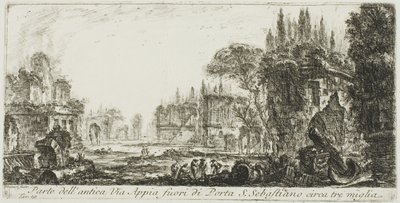 Teil der antiken Via Appia etwa drei Meilen außerhalb von Porta S. Sebastiano, Tafel 19 aus Einige Ansichten von Triumphbögen und anderen Denkmälern von Giovanni Battista Piranesi