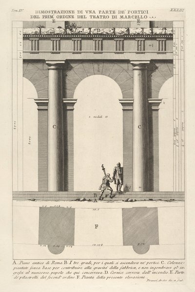 Teilansicht und Plan des Portikus erster Ordnung am Theater von Marcellus, 1756 von Giovanni Battista Piranesi