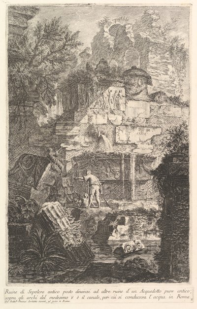 Ruinen eines antiken Grabmals vor Ruinen eines antiken Aquädukts, ca. 1750 von Giovanni Battista Piranesi