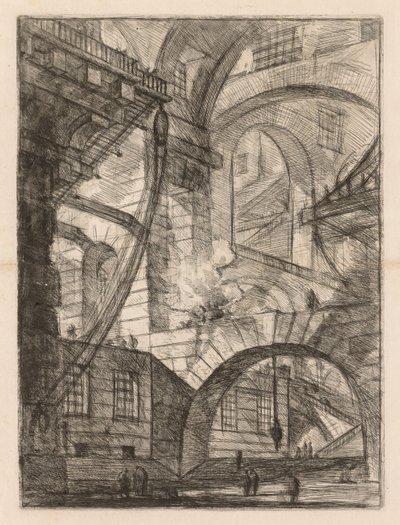 Die Gefängnisse: Eine Perspektive von Bögen mit einem rauchenden Feuer von Giovanni Battista Piranesi