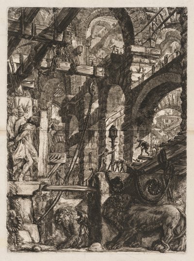 Die Gefängnisse: Eine Perspektive römischer Bögen, mit zwei in Stein gemeißelten Löwen im Vordergrund von Giovanni Battista Piranesi