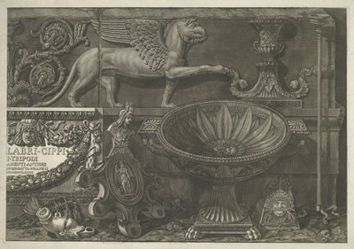 Titelblatt mit Skulpturen, Reliefs und einem Sarkophag (rechter Teil) von Giovanni Battista Piranesi
