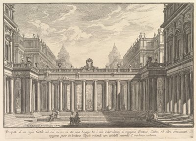 Ansicht eines Hofes mit einer Loggia, Brunnen, Statuen und anderen Ornamenten, ca. 1750 von Giovanni Battista Piranesi