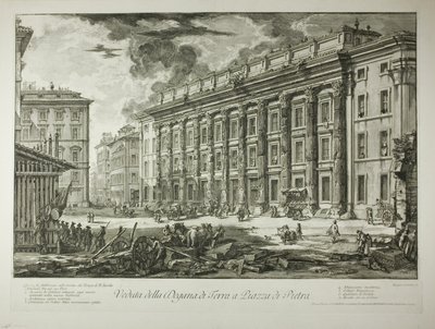 Ansicht des Zollhauses auf der Piazza di Pietra, das innerhalb der Ruinen des Tempels von Marcus Aurelius Antoninus Pius in seinem Forum erbaut wurde, aus Ansichten von Rom von Giovanni Battista Piranesi